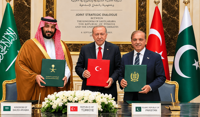 Leaders of Saudi Arabia, Türkiye and Pakistan holding signed agreements at a joint strategic dialogue in Istanbul.