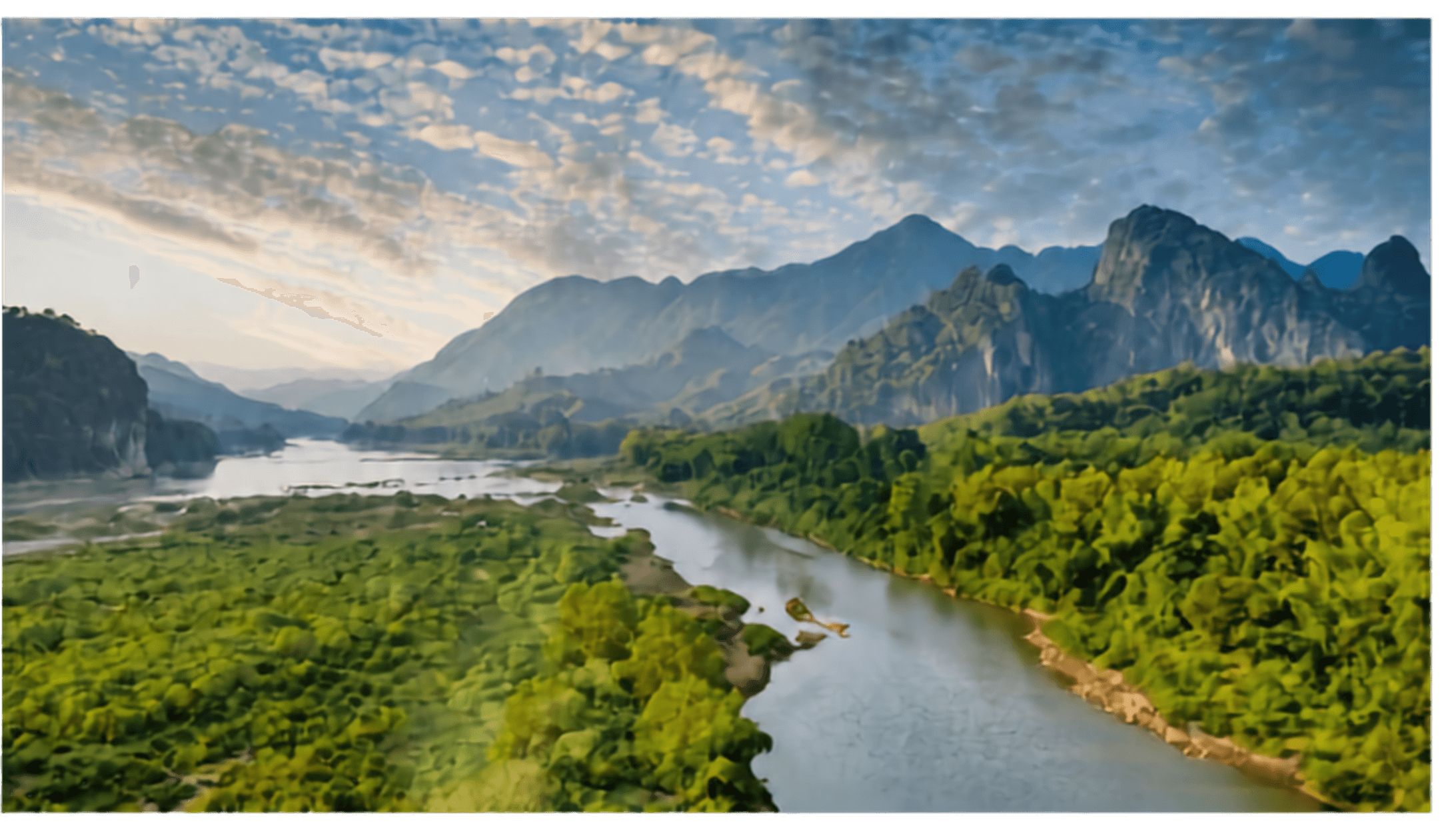 The Mekong River winding through forested mountains near Luang Prabang, Laos, at sunrise.
