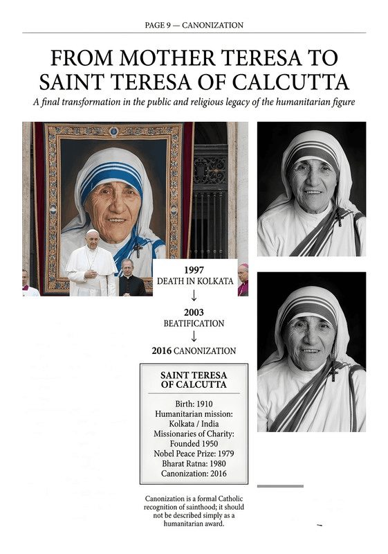 Pope Francis before a portrait of Mother Teresa at her canonization as Saint Teresa of Calcutta, St Peter's Square, 2016.