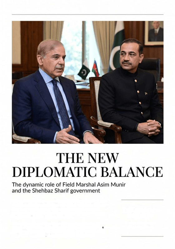 Prime Minister Shehbaz Sharif and Field Marshal Syed Asim Munir in an official meeting, beneath a portrait of Pakistan's head of state.